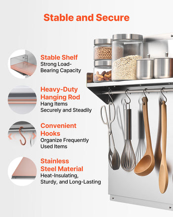 30" x 24" Stainless Steel Backsplash for Stove, Ultra Flat Splatter Guard with Storage Shelf & Hanging Rack, Wall Shield Range Hood Panel, Easy Clean, Pre-Drilled Holes for Easy Installation