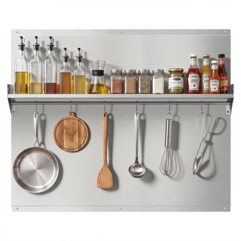 36" x 30" Stainless Steel Backsplash for Stove, Ultra Flat Splatter Guard with Storage Shelf & Hanging Rack, Wall Shield Range Hood Panel, Easy Clean, Pre-Drilled Holes for Easy Installation