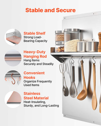30" x 30" Stainless Steel Backsplash for Stove, Ultra Flat Splatter Guard with Storage Shelf & Hanging Rack, Wall Shield Range Hood Panel, Easy Clean, Pre-Drilled Holes for Easy Installation