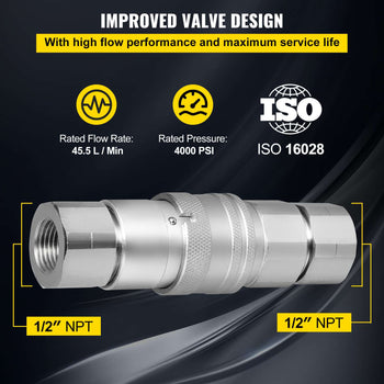 Skid Steer Hydraulic Quick Connect 1/2\" Body Hydraulic Coupler 1/2\" NPT Hydraulic Coupling Quick Connect 2 Pairs Hydraulic Quick Coupler 27.6 MPa (ISO 16028) (12 Pairs)