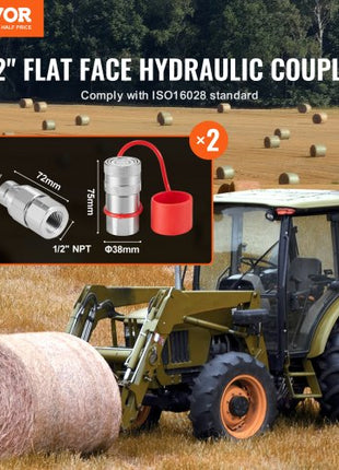 1/2" Flat Face Hydraulic Couplers, 1/2" NPT Skid Steer Hydraulic Quick Connect Couplers with 4 Dust Caps (ISO16028)