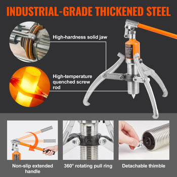 Industrial-grade thickened steel puller with orange non-slip handle, silver jaws, and detachable thimble for versatile use.