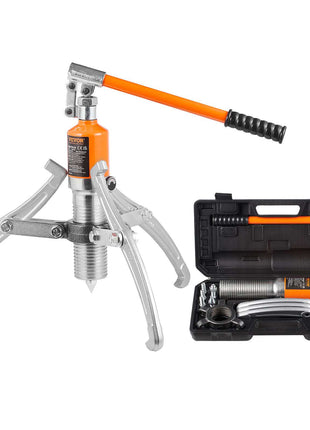Orange hydraulic puller tool with aluminum arms and a sturdy carrying case, ideal for automotive repairs and machinery.