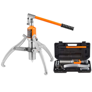 Orange hydraulic puller tool with aluminum arms and a sturdy carrying case, ideal for automotive repairs and machinery.