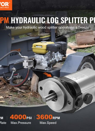 Hydraulic Log Splitter Pump, 22GPM, 2 Stage 4000PSI Wood Log Splitter Pump, 1-1/4'' Inlet 3/4'' NPT Outlet 3600 RPM Aluminum Hydraulic Gear Pump, for Small Engine Mounting Log Splitters Snowplow