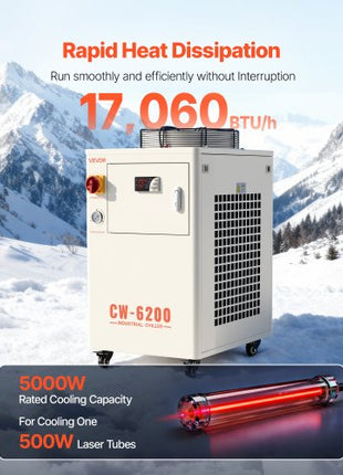 Industrial Water Chiller, 17,060 BTU/h, Industrial Water Cooler Cooling System with Compressor, 3.96? Gal Tank Capacity, 18.5?GPM Max Flow Rate, for CO2 Laser Tube Engraving & Cutting Machine