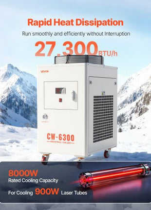 Industrial Water Chiller, 27,300 BTU/h, Industrial Water Cooler Cooling System with Compressor, 10.6? Gal Tank Capacity, 18.5?GPM Max Flow Rate, for CO2 Laser Tube Engraving & Cutting Machine