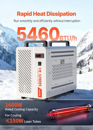 Industrial Water Chiller, 5460 BTU/h, Industrial Water Cooler Cooling System with Compressor, 1.8? Gal Tank Capacity, 3.4?GPM Max Flow, Laser Chiller, for CO2 Laser Engraving & Cutting Machine
