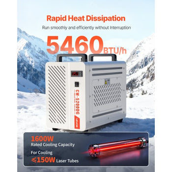 Industrial Water Chiller, 5460 BTU/h, Industrial Water Cooler Cooling System with Compressor, 1.8? Gal Tank Capacity, 3.4?GPM Max Flow, Laser Chiller, for CO2 Laser Engraving & Cutting Machine