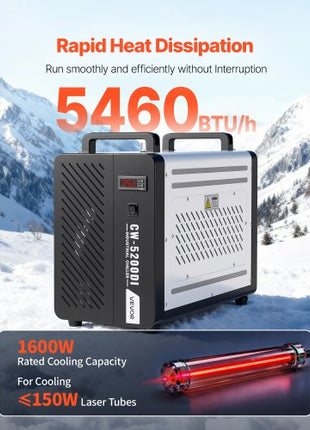 Industrial Water Chiller, 5460 BTU/h, Industrial Water Cooler Cooling System with Compressor, 4.2?GPM Max Flow, 1.8? Gal Tank Capacity, Laser Chiller, for CO2 Laser Engraving & Cutting Machine