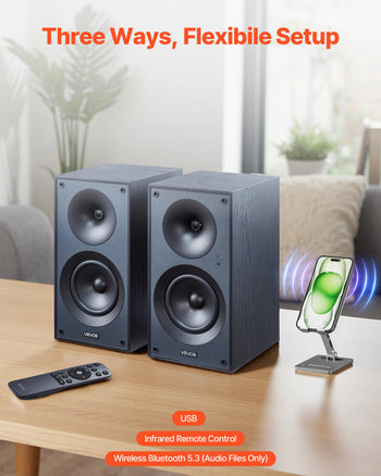 Powered Bookshelf Speakers, 25W x 2, Active Studio Monitor Speaker with 5.25 Inch Woofer, Bluetooth/RCA/Coaxial/Optical/USB/Subwoofer Connection, Wooden Enclosure, for Record Player Turntable PC