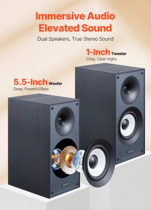 Powered Bookshelf Speakers, 25W x 2, Active Studio Monitor Speaker with 5.5 Inch Woofer, Bluetooth/RCA/Coaxial/Optical/USB/Subwoofer Connection, Wooden Enclosure, for Record Player Turntable PC