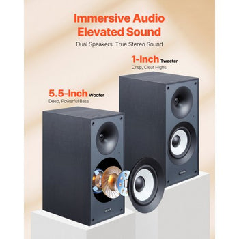 Powered Bookshelf Speakers, 25W x 2, Active Studio Monitor Speaker with 5.5 Inch Woofer, Bluetooth/RCA/Coaxial/Optical/USB/Subwoofer Connection, Wooden Enclosure, for Record Player Turntable PC