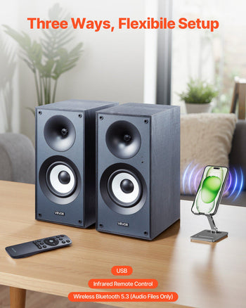 Powered Bookshelf Speakers, 25W x 2, Active Studio Monitor Speaker with 5.5 Inch Woofer, Bluetooth/RCA/Coaxial/Optical/USB/Subwoofer Connection, Wooden Enclosure, for Record Player Turntable PC