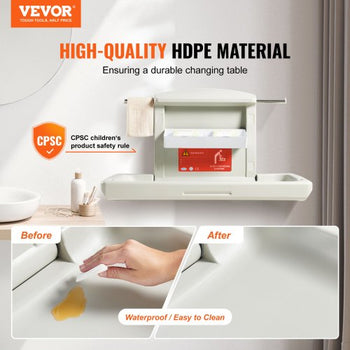 Wall-Mounted Baby Changing Station, Horizontal Foldable Diaper Change Table with Safety Straps and Hanging Rods, Use in Commercial Bathrooms,  Daycare Centers for Newborns & Infant