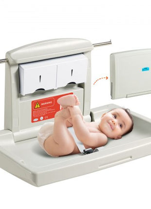 Wall-Mounted Baby Changing Station, Horizontal Foldable Diaper Change Table with Safety Straps and Hanging Rods, Use in Commercial Bathrooms,  Daycare Centers for Newborns & Infant