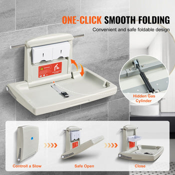 Beige wall-mounted foldable baby changing table with safety features and smooth one-click folding mechanism.