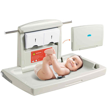 Baby changing station, wall-mounted, gray plastic, safety straps, hygienic design, easy-access wipes dispenser.