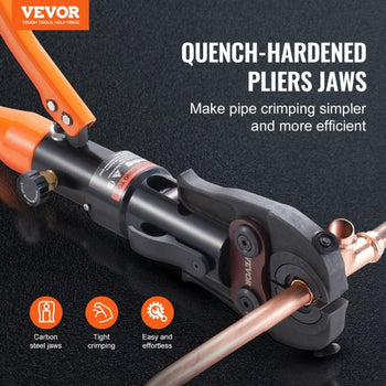 Copper Pipe Crimping Tool, Hydraulic Driven Press Tool with 1/2", 3/4", 1" Jaws for VUS Type Copper Pipes and  3/8", 1/2", 5/8", 3/4", 1" Jaws for ASTM F1807 Pex Pipe Copper Ring