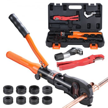 Copper Pipe Crimping Tool, Hydraulic Driven Press Tool with 1/2", 3/4", 1" Jaws for VUS Type Copper Pipes and  3/8", 1/2", 5/8", 3/4", 1" Jaws for ASTM F1807 Pex Pipe Copper Ring