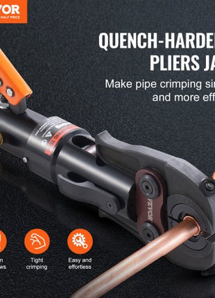 Copper Pipe Crimping Tool, Hydraulic Driven Press Tool with 1/2", 3/4", 1" VUS Jaws, Copper Tube Fittings Pipe Crimpers for Narrow Spaces and Tee Fittings