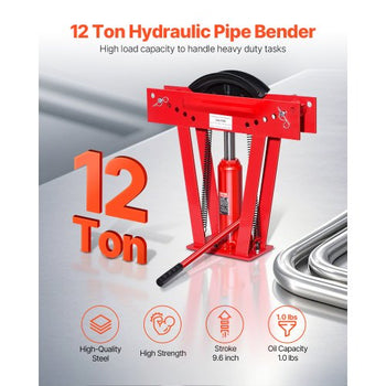 Hydraulic Pipe Bender, 12 Ton Manual Copper Exhaust Pipe Bending Machine with 6 Dies (1/2" - 2") and 90 - 180° Adjustable Rollers, Heavy-Duty Pipe Tube Bender for Piping Railing Construction
