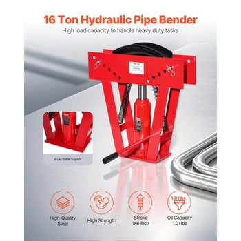 Hydraulic Pipe Bender, 16 Ton Manual Copper Exhaust Pipe Bending Machine with 8 Dies (1/2" - 3") and 90 - 180° Adjustable Rollers, Heavy-Duty Pipe Tube Bender for Piping Railing Construction