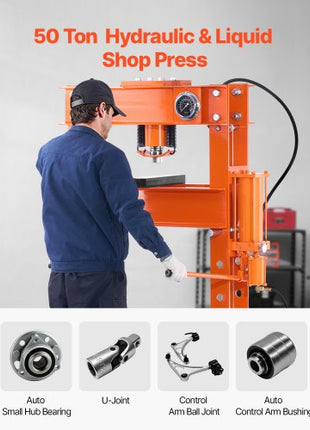 Hydraulic Shop Press, 50 T H-Frame Pneumatic Shop Press with Press Plate & Triangular Support, Stable Garage Floor Adjustable Hydraulic Press with Relief Valve, Fit for Bending & Straightening
