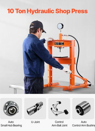 Hydraulic Shop Press, 10 T H-Frame Shop Press with Press Plate & H-shaped Base, Stable Garage Floor Adjustable Hydraulic Press with Relief Valve, Fit for Bending, Straightening & Stamping