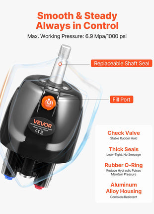 Hydraulic Steering Helm Pump, 150 HP, Helm Pump for Boat, with 6.9 MPa/1000 psi Max Working Pressure, Aluminum Alloy Housing, Check Valve, Replaceable Shaft Seal, for Outboards Fishing Boats