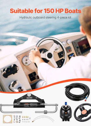 150HP Hydraulic Outboard Steering Kit, Marine Boat Hydraulic Steering System with 13.5-inch Steering Wheel, Helm Pump, Hydraulic Cylinder & 2PCS 26FT Hoses for Single Station Single-Engine Boats