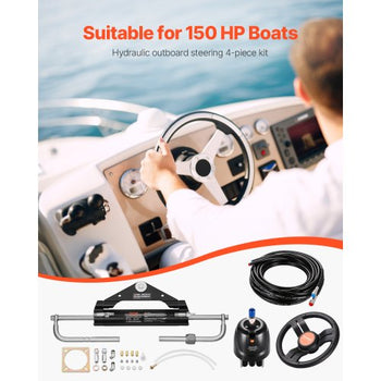 150HP Hydraulic Outboard Steering Kit, Marine Boat Hydraulic Steering System with 13.5-inch Steering Wheel, Helm Pump, Hydraulic Cylinder & 2PCS 26FT Hoses for Single Station Single-Engine Boats