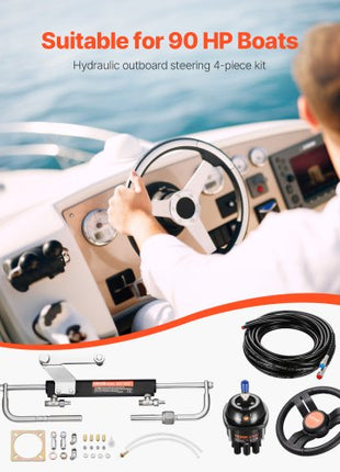 90HP Hydraulic Outboard Steering Kit, Marine Boat Hydraulic Steering System with 13.5-inch Steering Wheel, Helm Pump, Hydraulic Cylinder & 2PCS 26FT Hoses for Single Station Single-Engine Boats