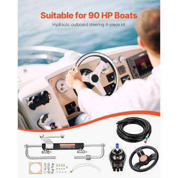 90HP Hydraulic Outboard Steering Kit, Marine Boat Hydraulic Steering System with 13.5-inch Steering Wheel, Helm Pump, Hydraulic Cylinder & 2PCS 26FT Hoses for Single Station Single-Engine Boats