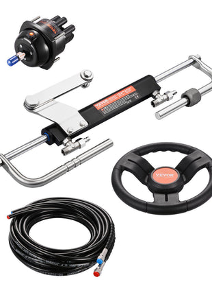 90HP Hydraulic Outboard Steering Kit, Marine Boat Hydraulic Steering System with 13.5-inch Steering Wheel, Helm Pump, Hydraulic Cylinder & 2PCS 26FT Hoses for Single Station Single-Engine Boats