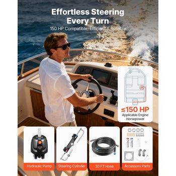 Hydraulic Steering Kit, 150 HP, Marine Boat Hydraulic Steering System, with 6.9 MPa/1000 psi Helm Pump, Two-Way Lock Cylinder, and 24ft High-Strength Hoses, for Single Station, Single-Engine Use