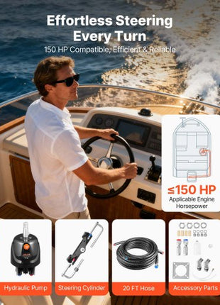 Hydraulic Steering Kit, 150 HP, Marine Boat Hydraulic Steering System, with 6.9 MPa/1000 psi Helm Pump, Two-Way Lock Cylinder, and 20ft High-Strength Hoses, for Single Station, Single-Engine Use