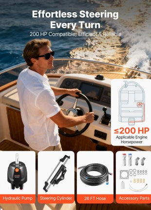 Hydraulic Steering Kit, 200 HP, Marine Boat Hydraulic Steering System, with 6.9 MPa/1000 psi Helm Pump, Two-Way Lock Cylinder, and 26ft High-Strength Hoses, for Single Station, Single-Engine Use