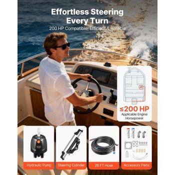 Hydraulic Steering Kit, 200 HP, Marine Boat Hydraulic Steering System, with 6.9 MPa/1000 psi Helm Pump, Two-Way Lock Cylinder, and 26ft High-Strength Hoses, for Single Station, Single-Engine Use