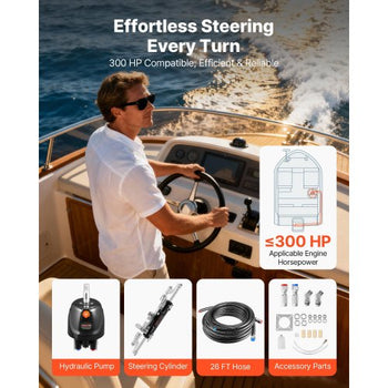 Hydraulic Steering Kit, 300 HP, Marine Boat Hydraulic Steering System, with 6.9 MPa/1000 psi Helm Pump, Two-Way Lock Cylinder, and 26ft High-Strength Hoses, for Single Station, Single-Engine Use