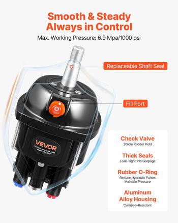 Hydraulic Steering Kit, 90 HP, Marine Boat Hydraulic Steering System, with 6.9 MPa/1000 psi Helm Pump, Two-Way Lock Cylinder, and 20 ft High-Strength Hoses, for Single Station, Single-Engine Use