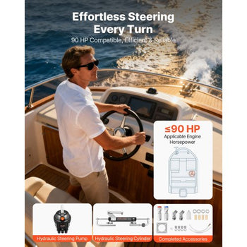 Hydraulic Steering Kit, 90 HP, Hydraulic Steering Helm Pump & Cylinder, with 6.9 MPa/1000 psi Max Working Pressure, Aluminum Alloy Housing, Check Valve, for Outboards Fishing Boats Sailboats