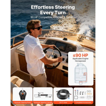 Hydraulic Steering Kit, 90 HP, Marine Boat Hydraulic Steering System, with 6.9 MPa/1000 psi Helm Pump, Two-Way Lock Cylinder, and 24 ft High-Strength Hoses, for Single Station, Single-Engine Use