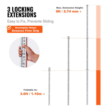 Aluminum Grade Rod, 9-Feet/10ths 3 Sections Telescopic Measuring Rod,Double-Sided Scale 1/10ft Leveling Rod Stick,Aluminum Alloy Survey Rod with Bubble Level&Carrying Bag for Houses,Walls,Floors