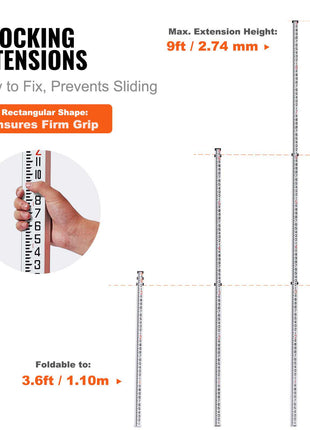 Aluminum Grade Rod, 9-Feet/8ths 3 Sections Telescopic Measuring Rod, Double-Sided Scale 1/8in Leveling Rod Stick,Aluminum Alloy Survey Rod with Bubble Level &Carrying Bag for Houses,Walls,Floors
