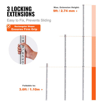 Aluminum Grade Rod, 9-Feet/8ths 3 Sections Telescopic Measuring Rod, Double-Sided Scale 1/8in Leveling Rod Stick,Aluminum Alloy Survey Rod with Bubble Level &Carrying Bag for Houses,Walls,Floors
