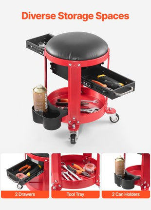 Rolling Mechanic Stool with Wheels, 300 lbs Capacity Garage Seat/Work Stool, Padded Roller Creeper Seat with Fixed Height, Tool Tray and 2 Drawers, for Garage, Shop & Auto Repair, Red+Black