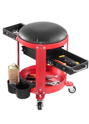 Rolling Mechanic Stool with Wheels, 300 lbs Capacity Garage Seat/Work Stool, Padded Roller Creeper Seat with Fixed Height, Tool Tray and 2 Drawers, for Garage, Shop & Auto Repair, Red+Black