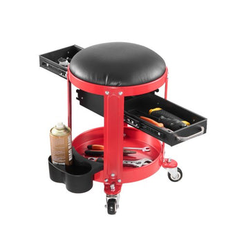 Rolling Mechanic Stool with Wheels, 300 lbs Capacity Garage Seat/Work Stool, Padded Roller Creeper Seat with Fixed Height, Tool Tray and 2 Drawers, for Garage, Shop & Auto Repair, Red+Black