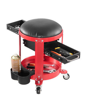 Rolling Mechanic Stool with Wheels, 300 lbs Capacity Garage Seat/Work Stool, Padded Roller Creeper Seat with Fixed Height, Tool Tray and 2 Drawers, for Garage, Shop & Auto Repair, Red+Black